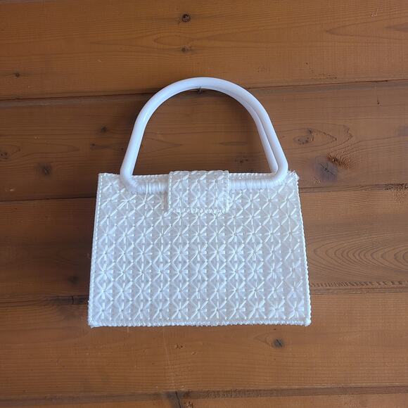 Vintage Handmade Purse Woven White Bag 60's 70's Flower Star Retro Pinup Tote - Picture 2 of 7